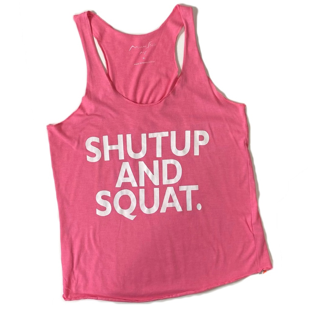Pink “Shut Up and Squat” Racerback Tank Top Women’s XL Gym Workout Fitness Shirt